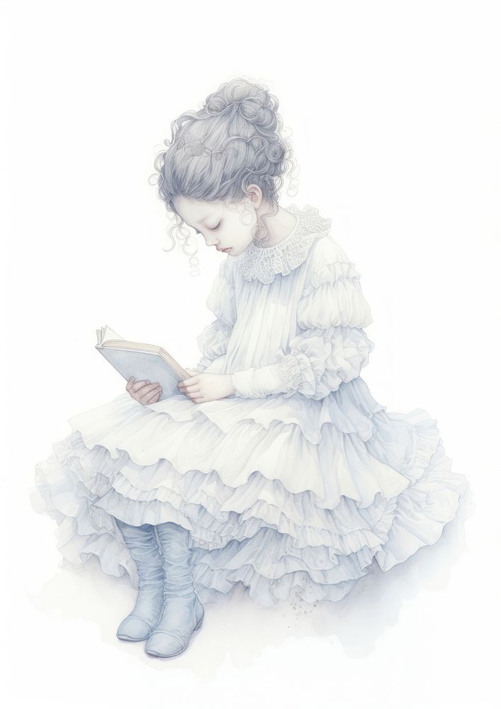 Girl reading book illustration portrait drawing sketch.