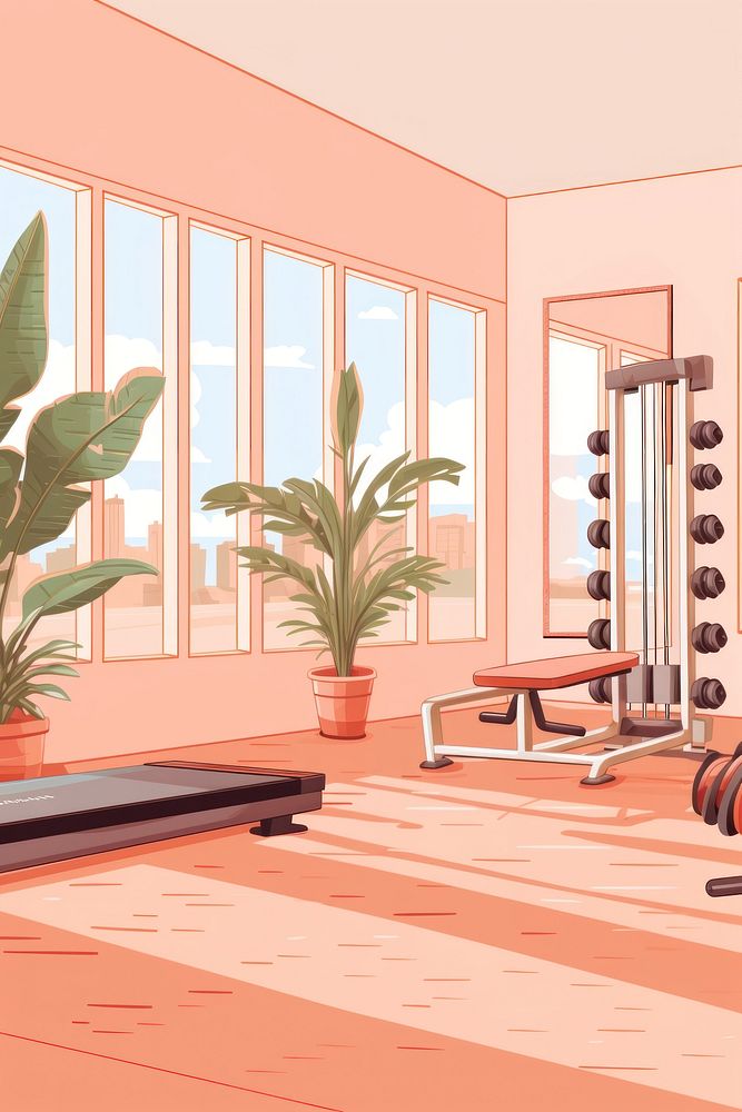 Gym girlies aesthetic illustration architecture exercising treadmill.