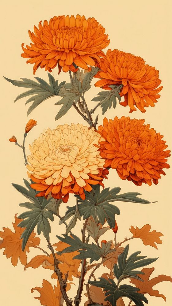 Kiyo-e art marigold pattern flower plant.