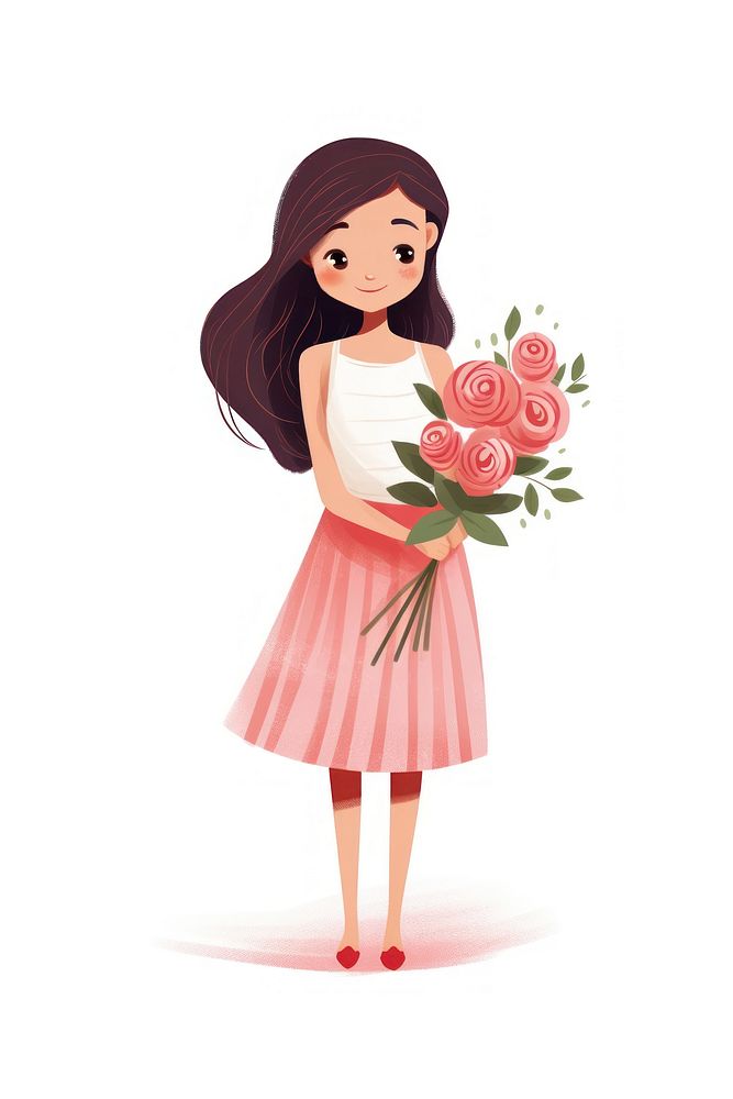Girl holding bouquet cartoon flower dress.