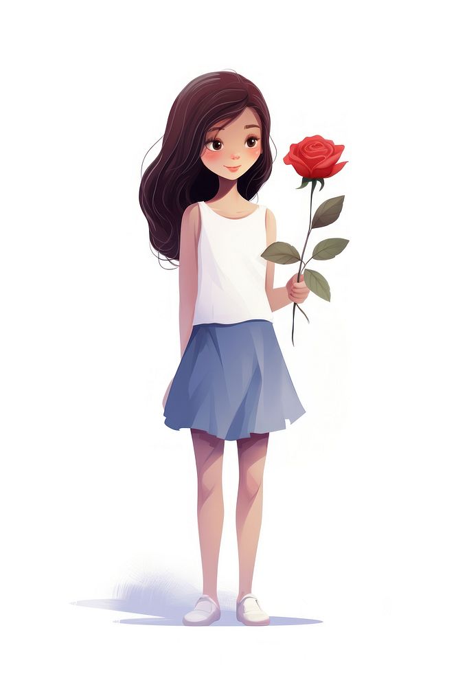 Young girl holding rose cartoon flower skirt.
