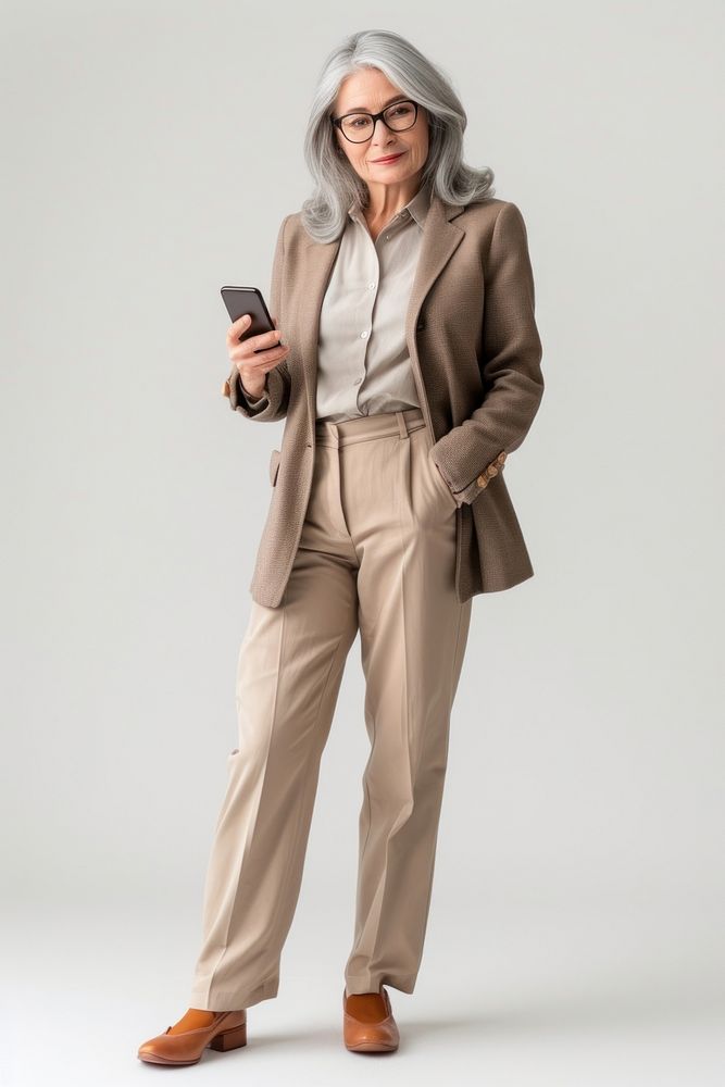 Mature businesswoman using mobile phone glasses blazer khaki.