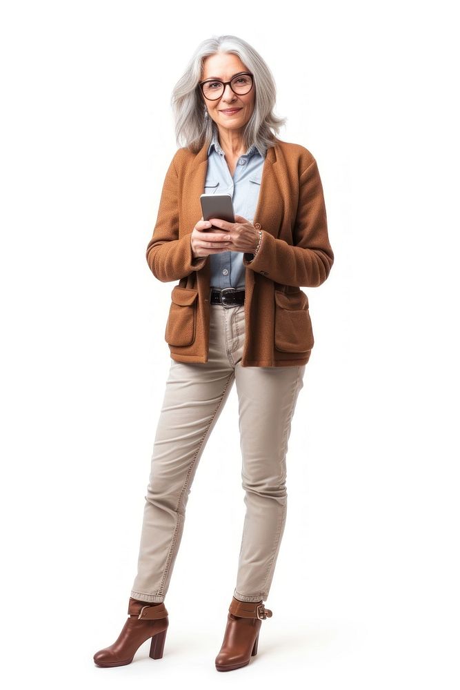 Mature businesswoman using mobile phone standing blazer jacket.