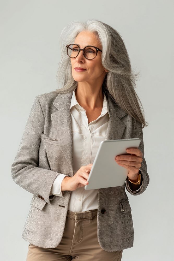 Mature businesswoman using tablet computer glasses adult.