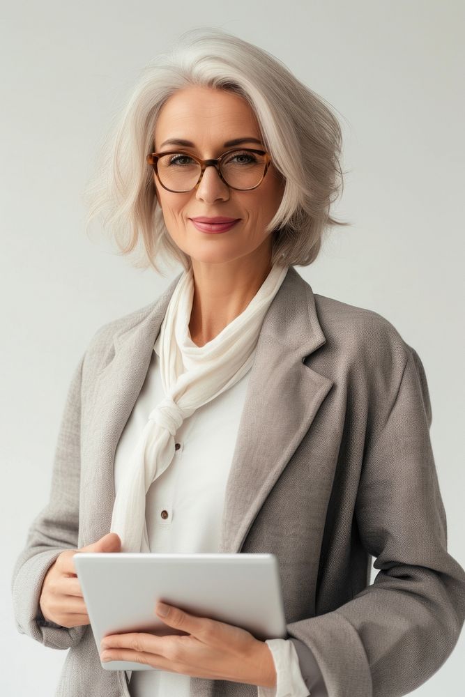 Mature businesswoman using tablet portrait glasses adult.