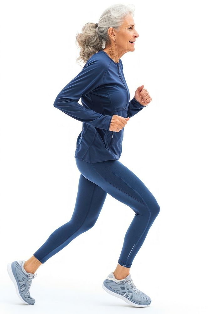 Runner mature Woman jogging full-length fitness running shoes and workout suit footwear walking adult.