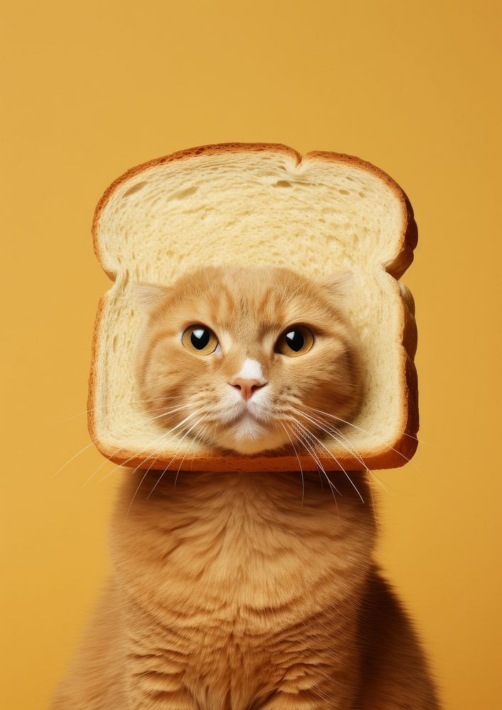 Cat wear big slice of bread on face animal mammal food.