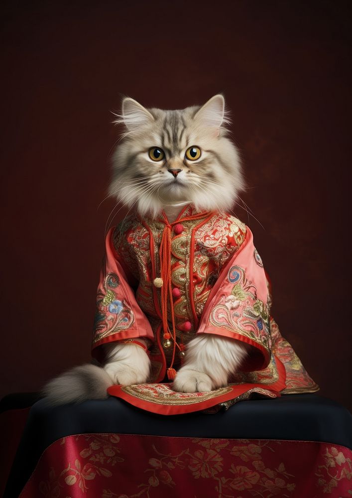 Cat wearing chinese costume portrait mammal animal.