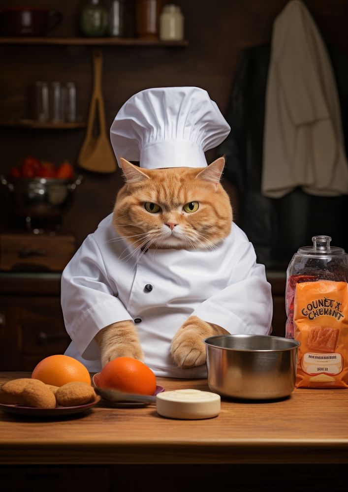 Chubby orange cat sitting next to cat food bag mammal animal chef.