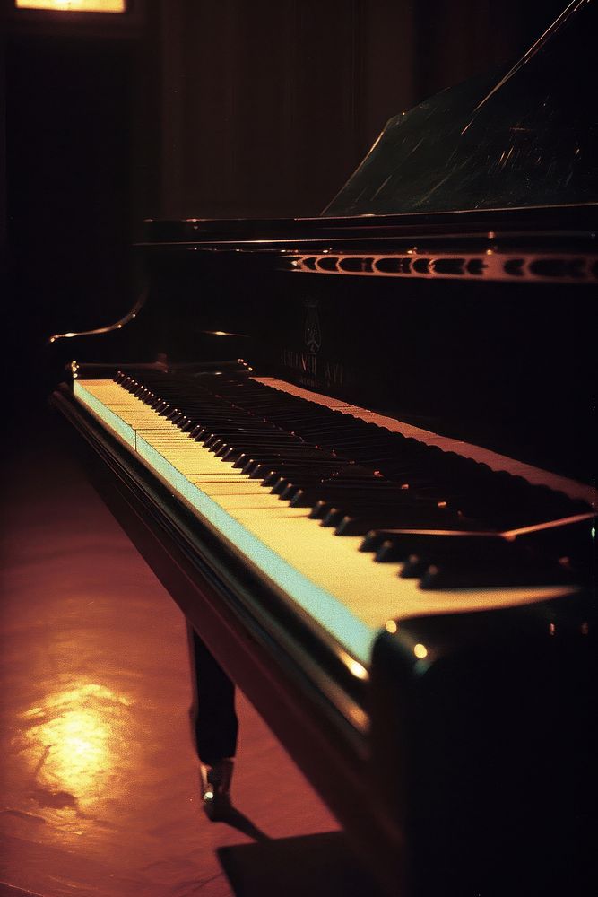 Photo of piano keyboard harpsichord illuminated.