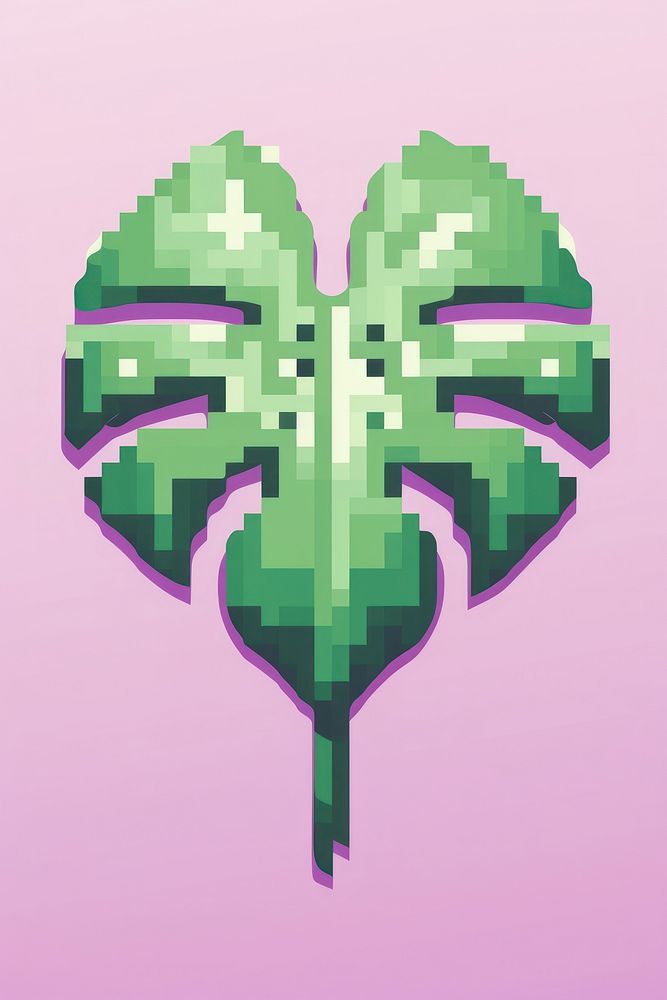 Monstera leaf pixel graphics purple green.