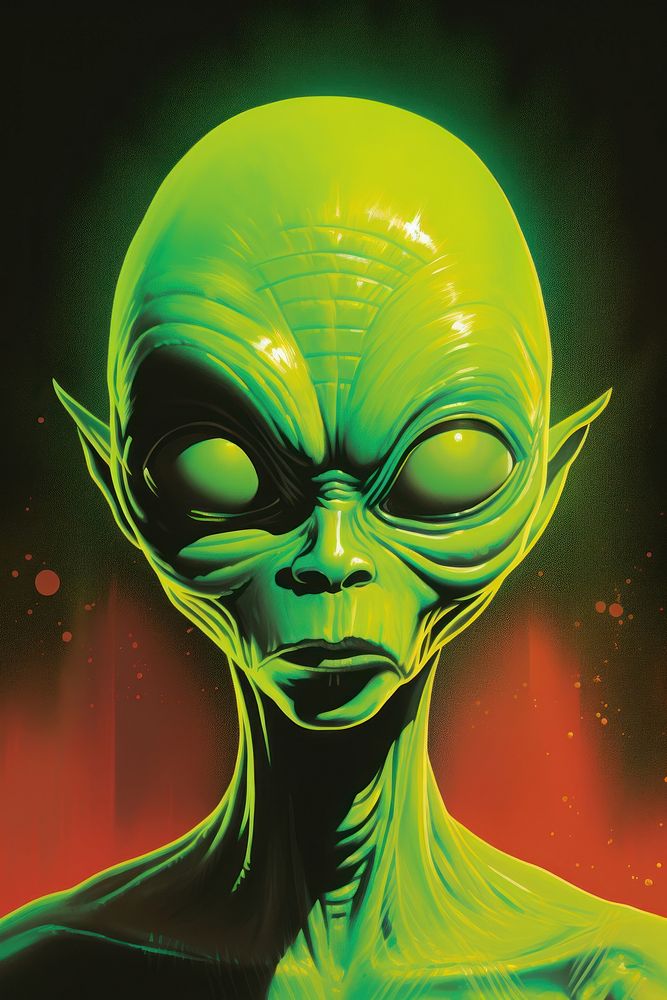 1970s airbrush art of a aliens green portrait graphics.