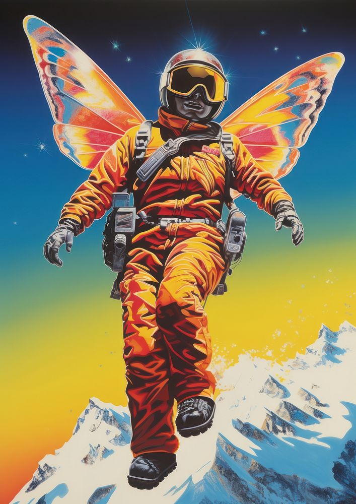 An astronaut and a butterfly nature snowboarding adventure.