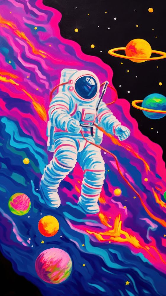 Astronaut painting purple space.