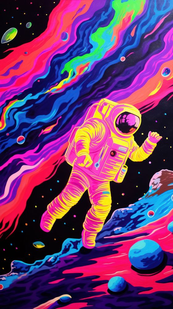 Astronaut at space painting purple yellow.