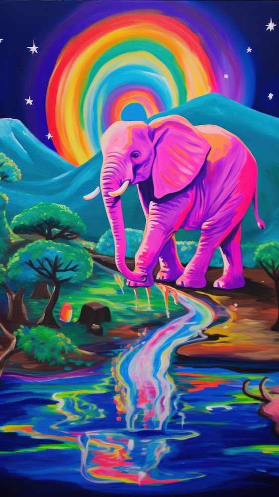 Elephant walking painting purple wildlife.