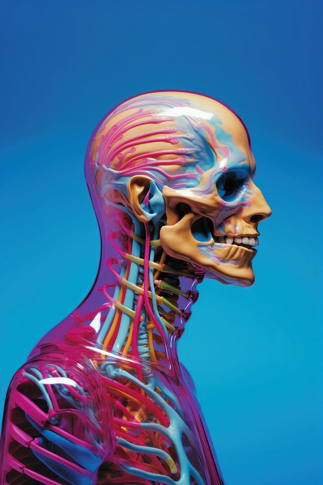 1970s airbrush art of a sciencetist adult portrait skeleton.