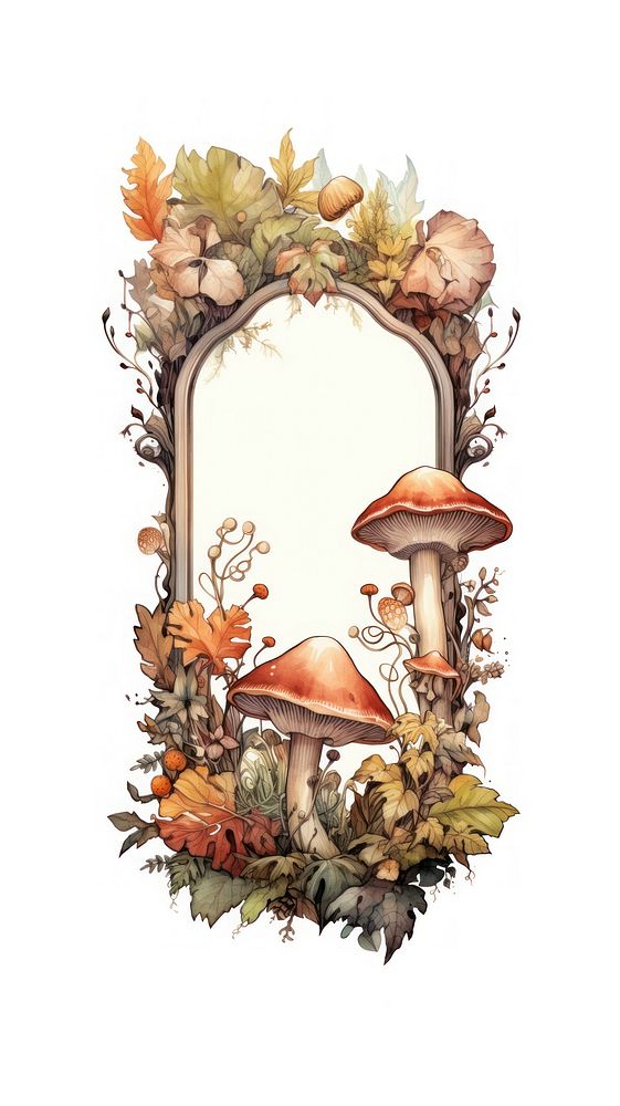 Mushroom watercolor frame fungus plant art.