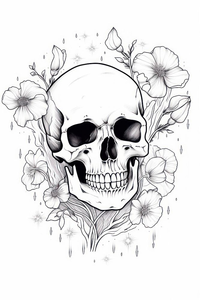 Skull with flowers drawing sketch illustrated.