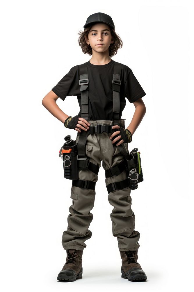Boy handyman military child white background.