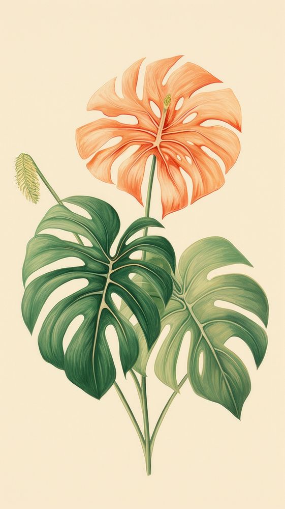 Vintage drawing monstera flower sketch plant.