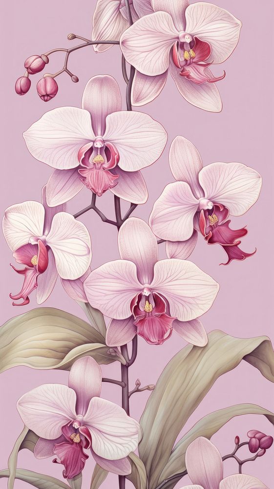 Vintage drawing orchid flower blossom pattern.