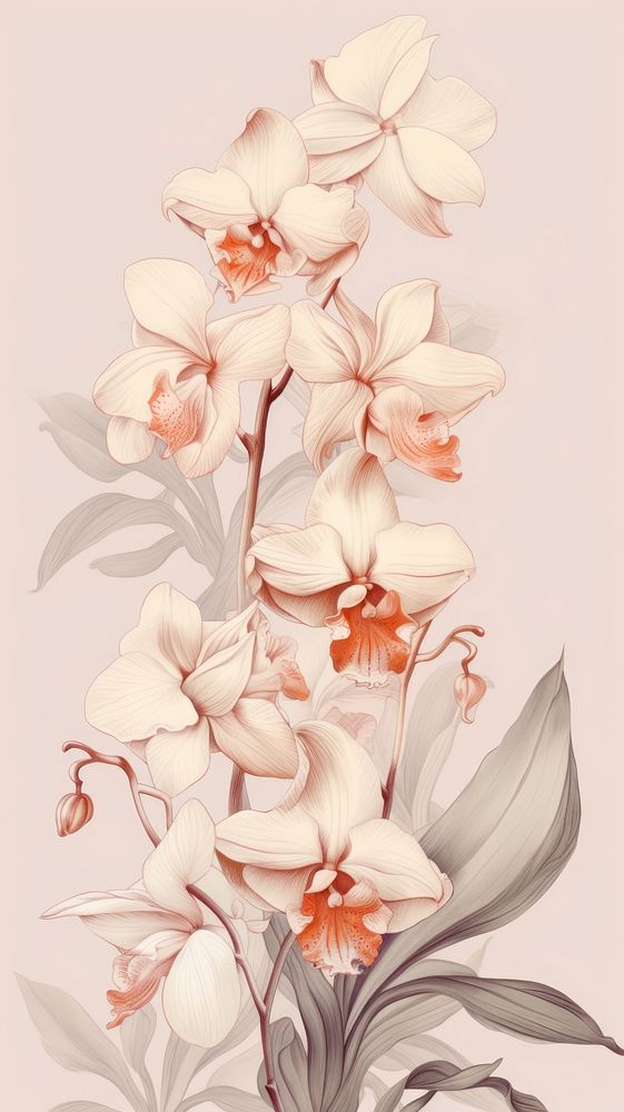 Vintage drawing orchid flower pattern sketch.