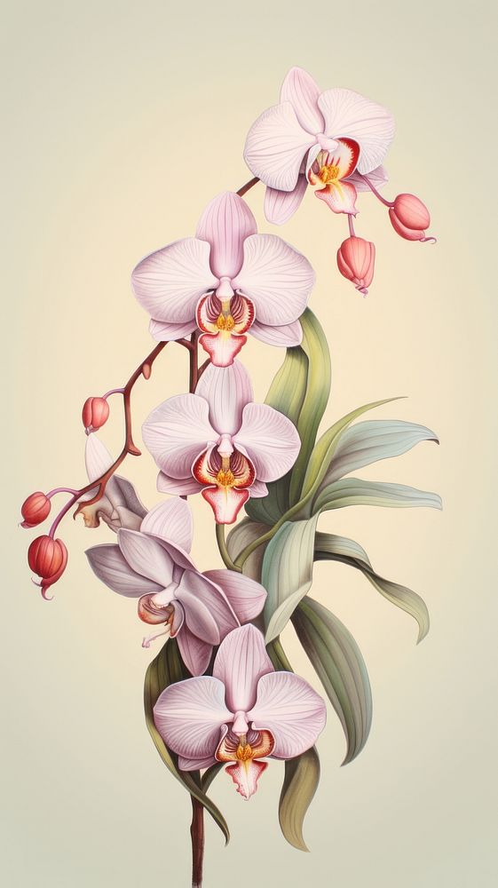 Vintage drawing orchid flower plant inflorescence.