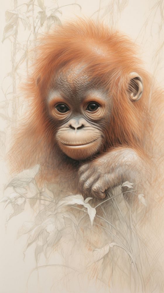 Vintage drawing orangutan wildlife monkey mammal.