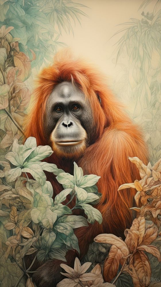 Vintage drawing orangutan wildlife mammal monkey.