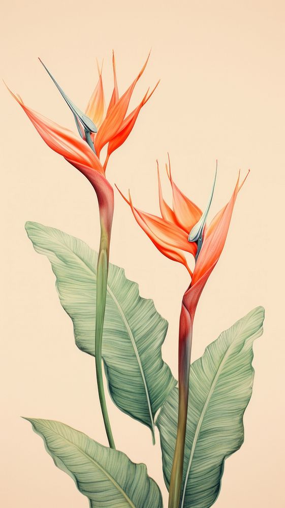 Vintage drawing bird of paradise flower plant leaf.