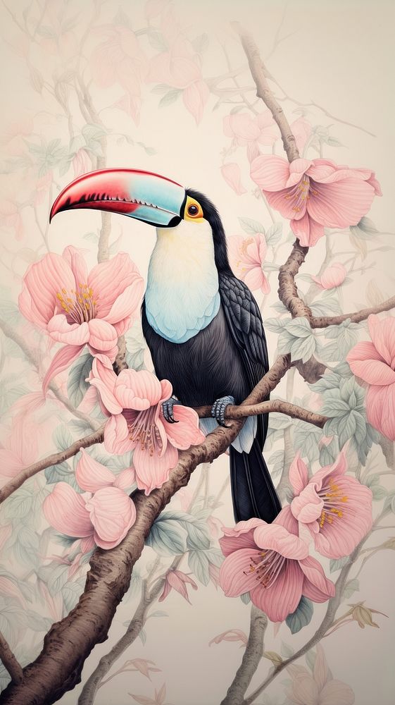 Vintage drawing coconut toucan flower animal plant.