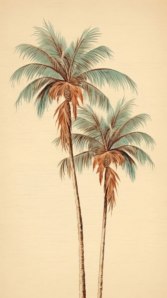 Vintage drawing coconut trees sketch plant illustrated.