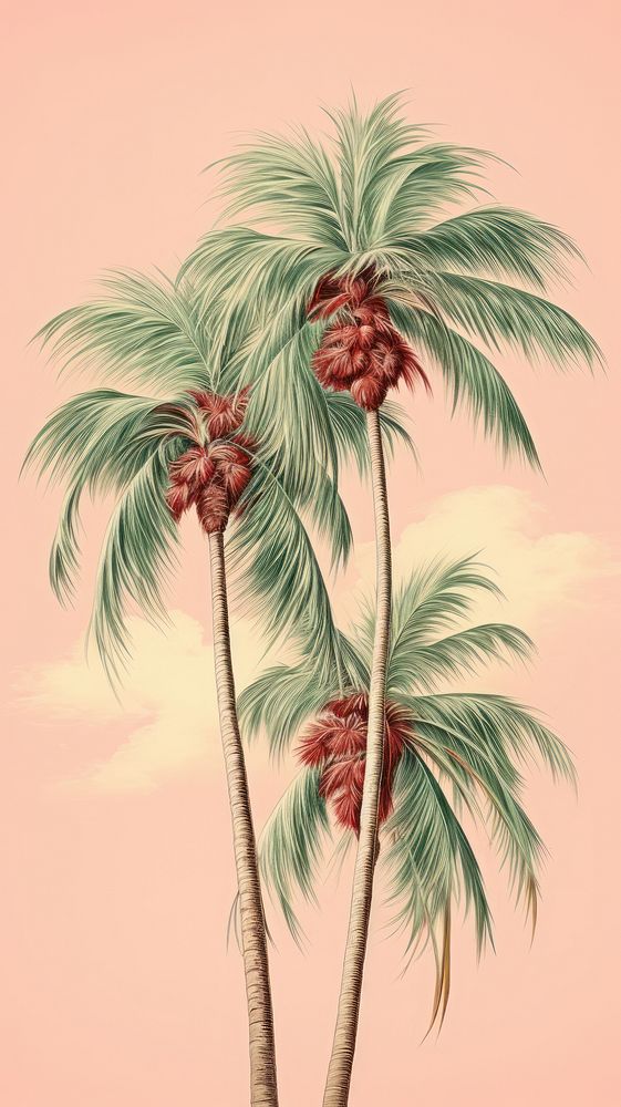 Vintage drawing coconut trees outdoors tropics sketch.