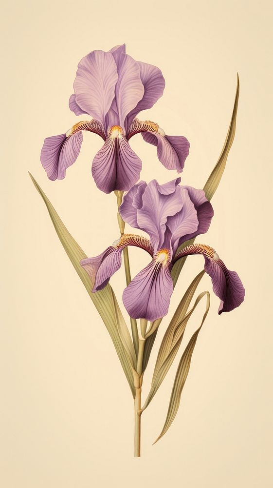 Vintage drawing iris flower purple petal.
