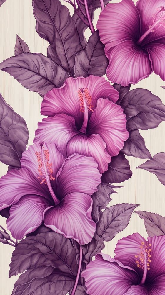 Vintage drawing purple hibiscus flower backgrounds pattern.