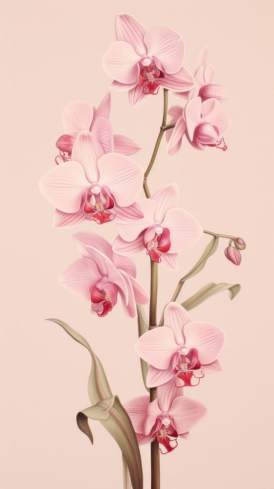 Vintage drawing pink orchid flower blossom plant.