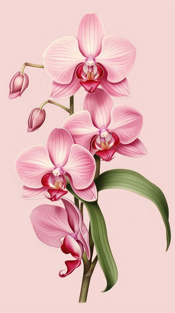 Vintage drawing pink orchid flower plant inflorescence.