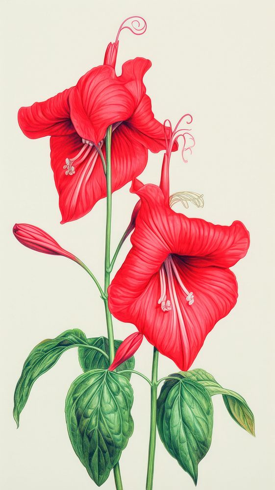 Vintage drawing red chilean bellflower hibiscus sketch plant.