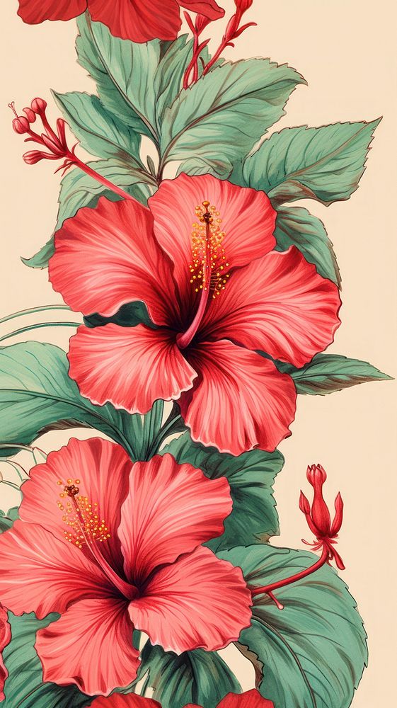 Vintage drawing red hibiscus flower pattern plant.