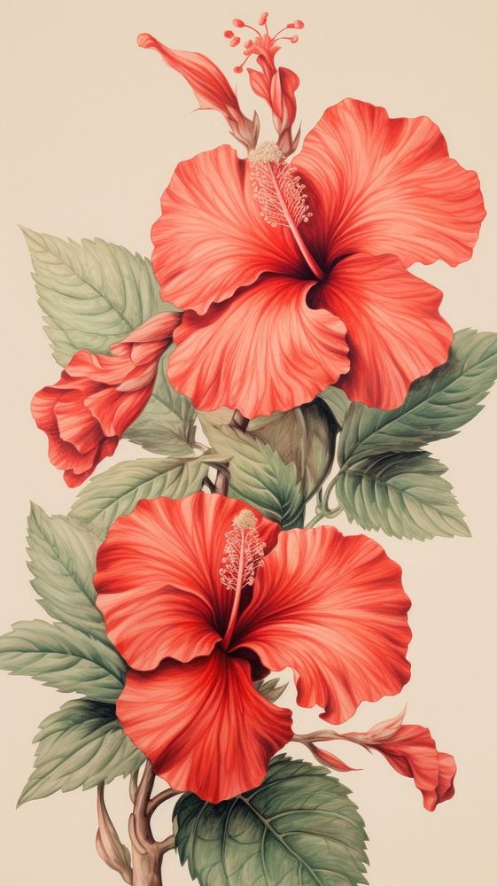 Vintage drawing red hibiscus flower pattern sketch.