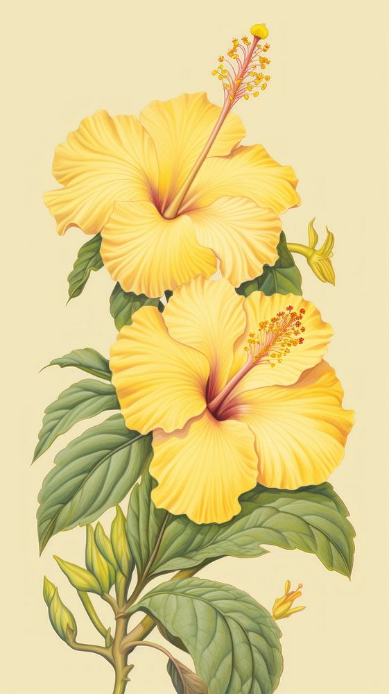 Vintage drawing yellow hibiscus flower plant inflorescence.