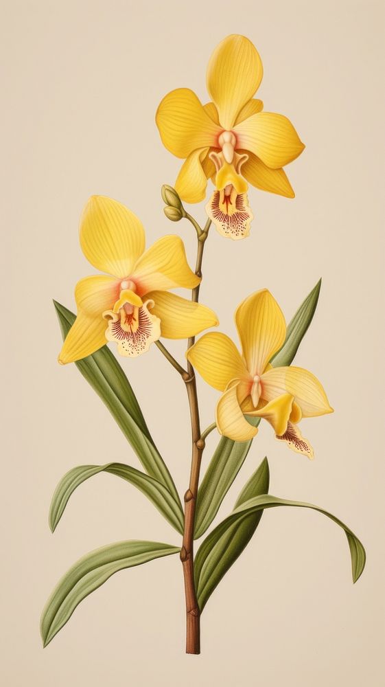 Vintage drawing yellow orchid flower plant inflorescence.