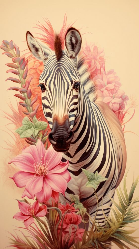 Vintage drawing zebra flower wildlife pattern.