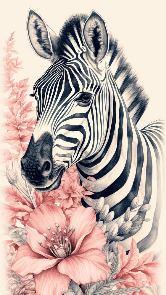 Vintage drawing zebra flower wildlife animal.