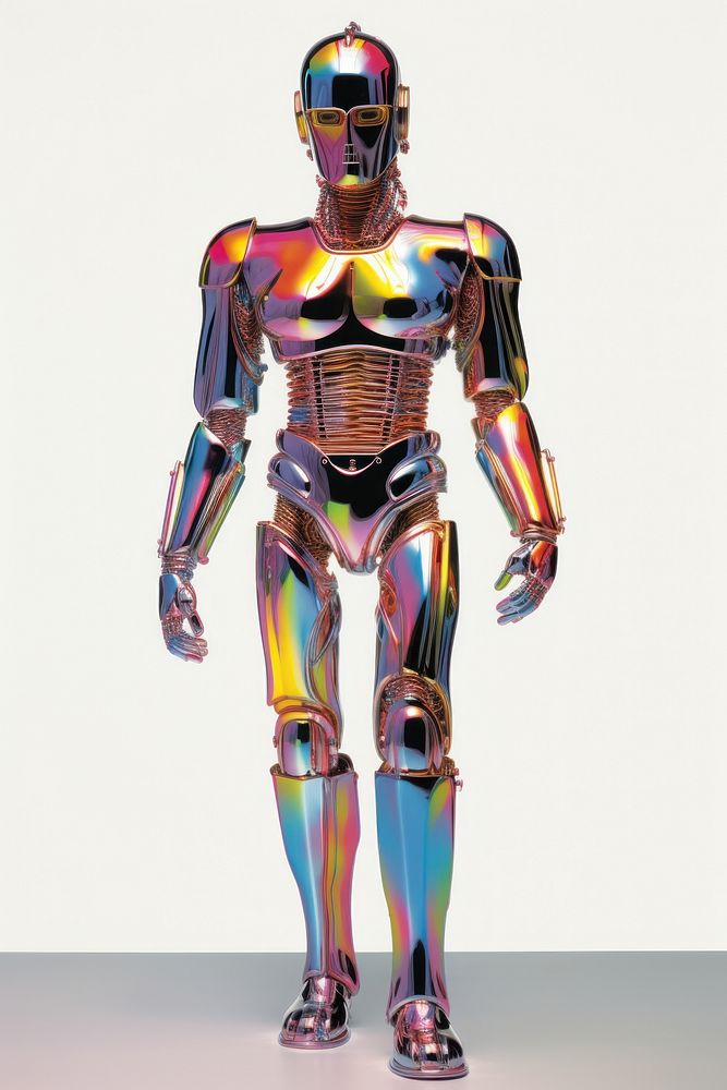 An full body iridescence humanoid robot isolated on clear pale solid white background adult futuristic standing.