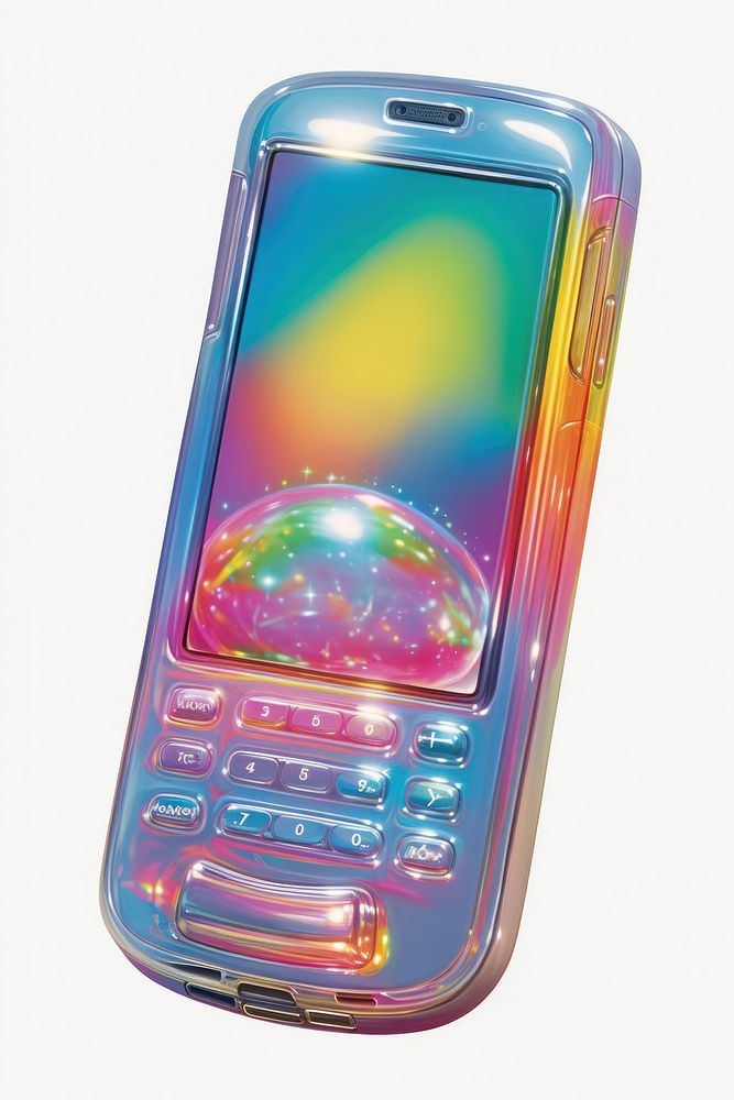 An full body iridescence smartphone isolated on clear pale solid white background electronics technology telephone.