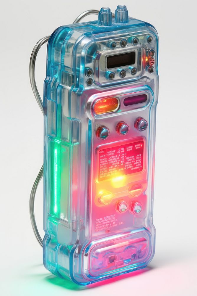 An full body iridescence smartphone isolated on clear pale solid white background illuminated technology flashlight.