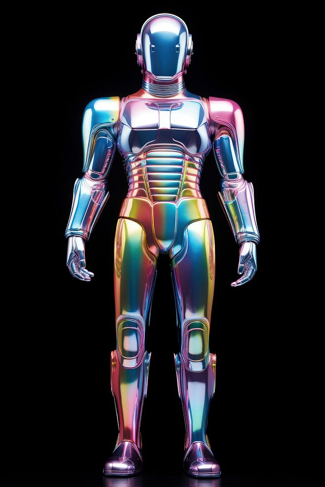 An full body iridescence humanoid robot isolated on clear pale solid white background futuristic protection superhero.