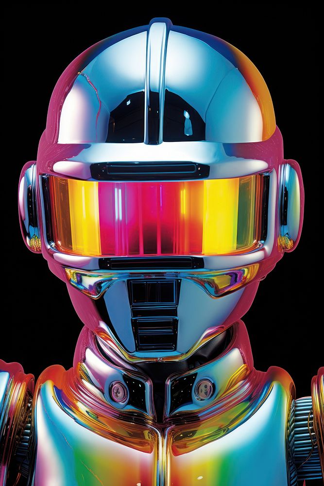 An iridescence humanoid robot isolated on clear pale solid white background helmet futuristic protection.
